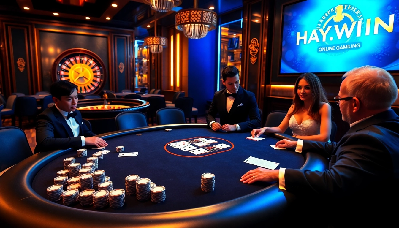 Players at a poker table strategize their moves at HAY.WIN casino.
