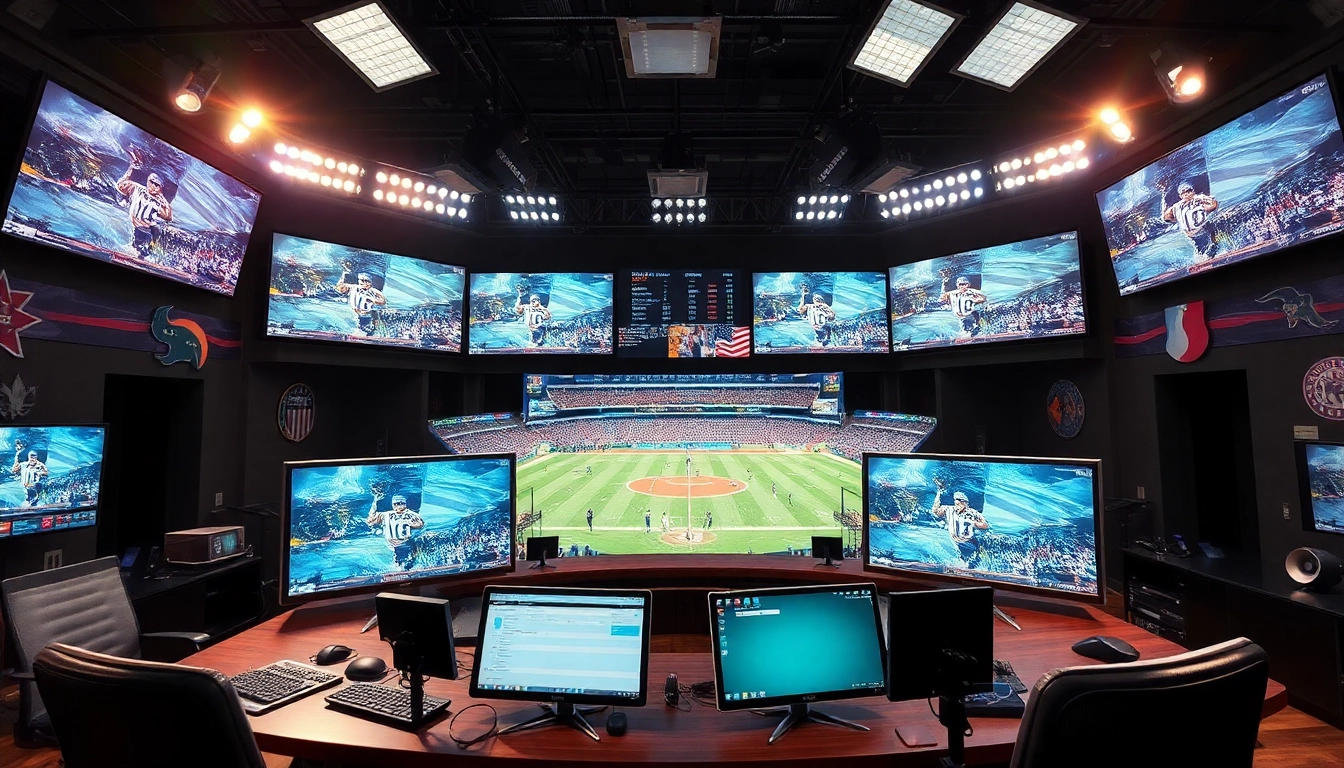 Sports Broadcasting studio showcasing live events with dynamic screens and energetic ambiance.