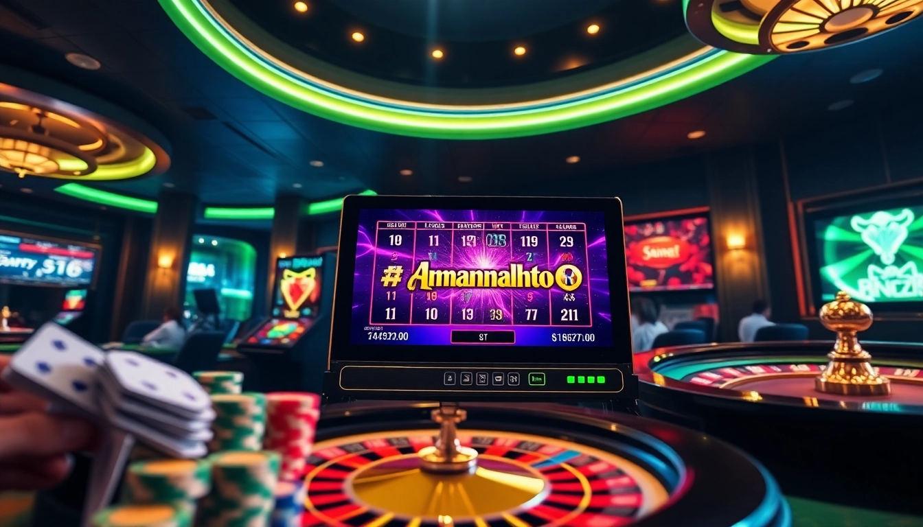 Experience thrilling gaming at amanahtoto with vibrant slot machine graphics and elegant casino elements.