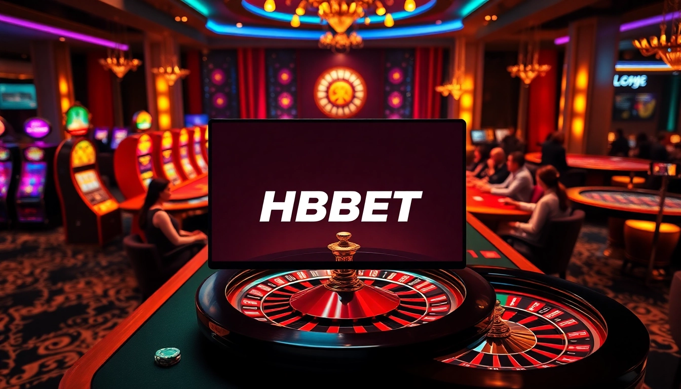 Experience the vibrant excitement of TRANG CHỦ HBBET as players engage with roulette and slot machines in a luxurious online casino.