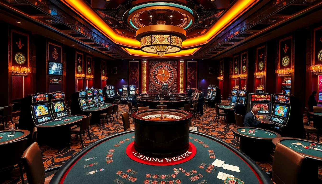 SODO casino scene showcasing vibrant slot machines, poker tables, and a roulette wheel in action.