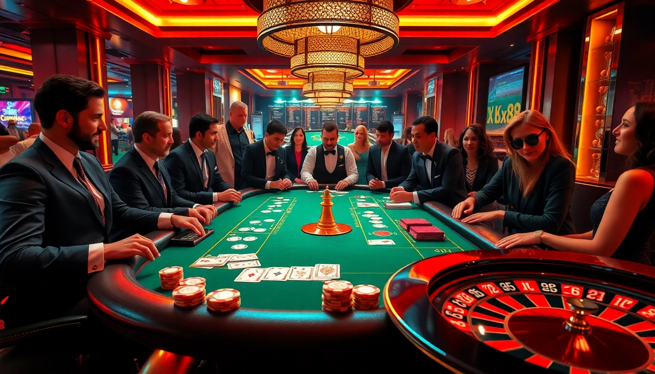 Engaging players experience thrilling moments playing at XX 88 poker table surrounded by vibrant casino elements.