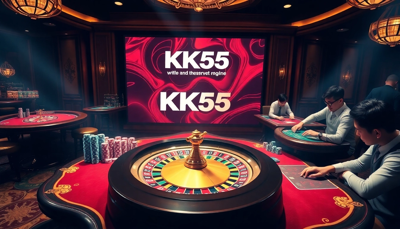 Players enjoying high stakes at KK55 casino tables, featuring roulette and poker games.