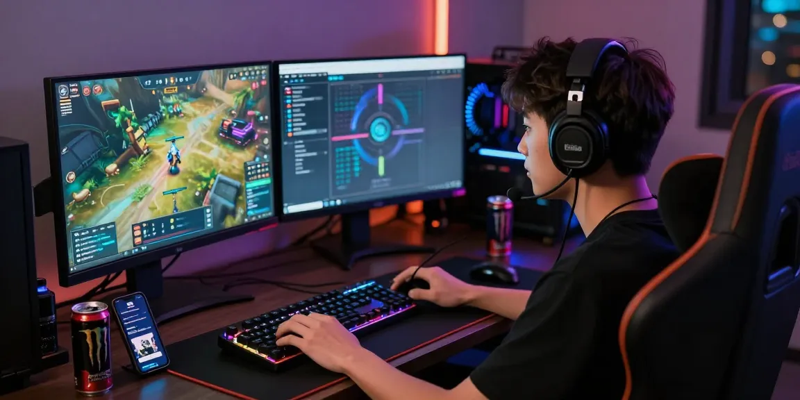 User engaged in Raja Game login on dual monitors with gaming paraphernalia.